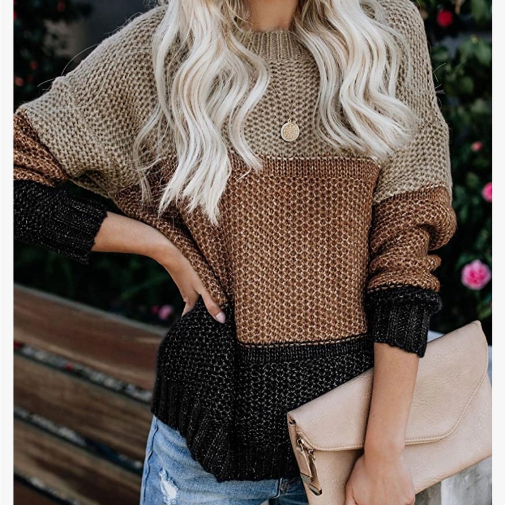 Women’s Color Block Oversized Crewneck Sweater Long Sleeve Chunky Pullover
